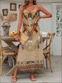 Women's Fashion Western Ethnic Print Casual Suspender Dress. 