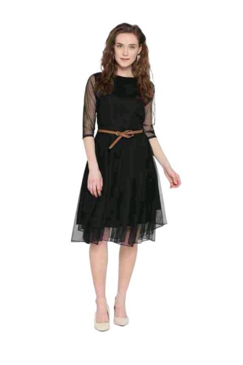 western plain black colour dress ,black colour dress, short stylish dress  for women ,readymade dress, three quatar sleeve dress, party wear dress,  net black dress,knee length dress. | Daraz.com.bd