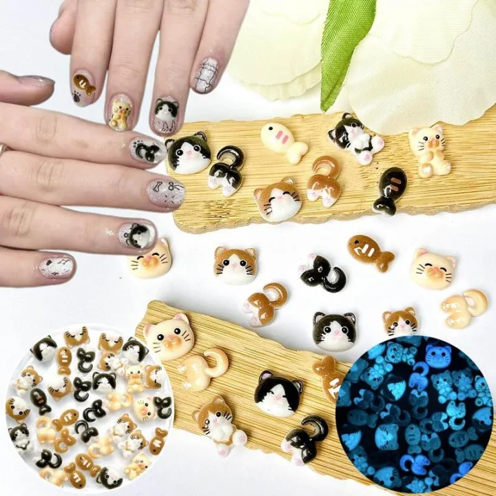 20Pcs%20Cartoon%20Cute%20Cat%20Head%20Butt%20Nail%20Art%20Charms%20Luminous%20Painting%20Small%20Fish%20Cat%20Resin%20Nail%20Decorations%20for%20DIY%20Hairpin%20Nails%20-%20Image%203