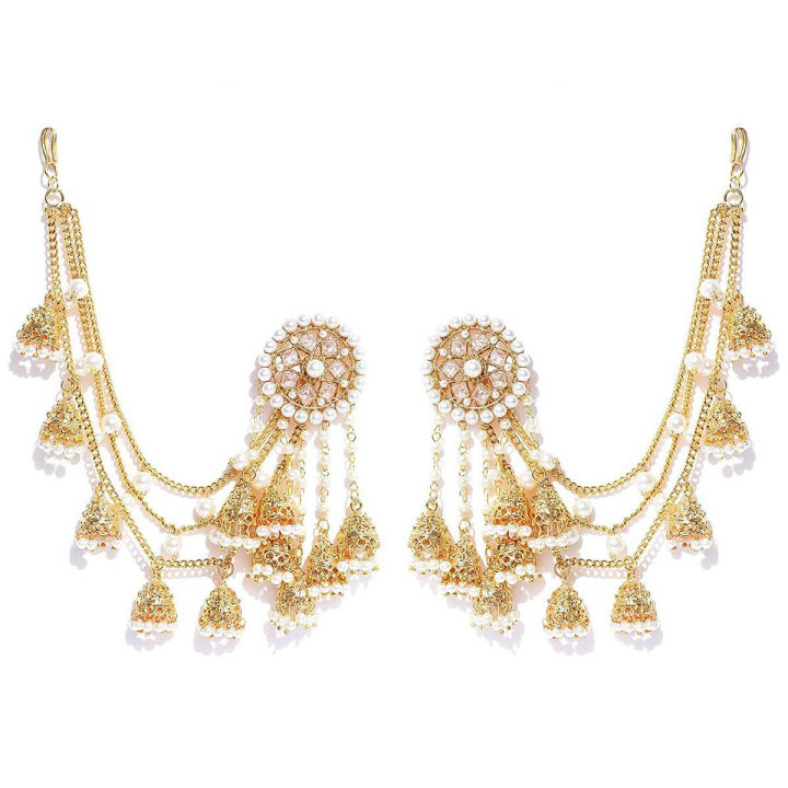 Gold Plated Bahubali Jhumka Earrings with Long Chain for Women, Classic Fashion Jewelry