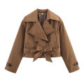 ETJ 2025 new women's British wind trench coat style double-breasted long sleeve belt lapel jacket short coat.
