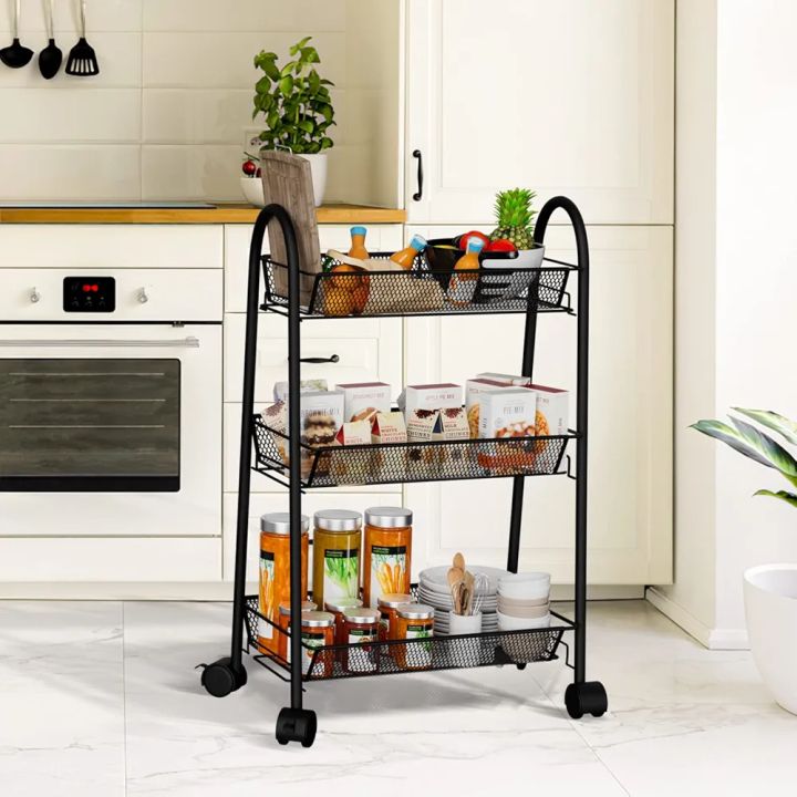 3 Tier Rolling Basket, Mesh Wire Multi-Function Storage Cart Shelves with Wheels for Home Kitchen Pantries, Detachable Metal Basket Rack for Food Fruit Vegetable Snacks, Easy Assembly (Black)