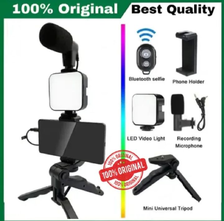 AY-49 Vlog Making Kit with LED Light & Microphone | Mobile Video Recording Kit | Mini Tripod Stand for YouTube, TikTok & Live Streaming