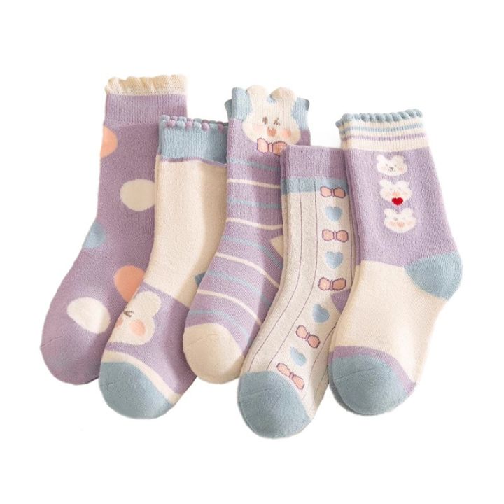 5%20Pairs%20Girls'%20Thick%20Socks,Cute%20Cartoon%20Bunny%20Children's%20Socks,%20Winter%20Warmth,%20%20Purple%20Mid%20Tube%20Socks,%20Autumn/Winter%20-%20Image%205