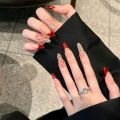 Handmade Press on Nails Shiny Cat Eye French Dot Grid Fake Nail Tips Women Girl Wearable Red New Year Sweet Korean False Nails. 