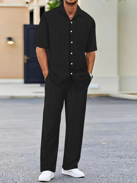 (Shirt+Pants) 2024 Summer  Men Fashion Classic Shirt men Business Casual Shirts Men A Set Of Clothes