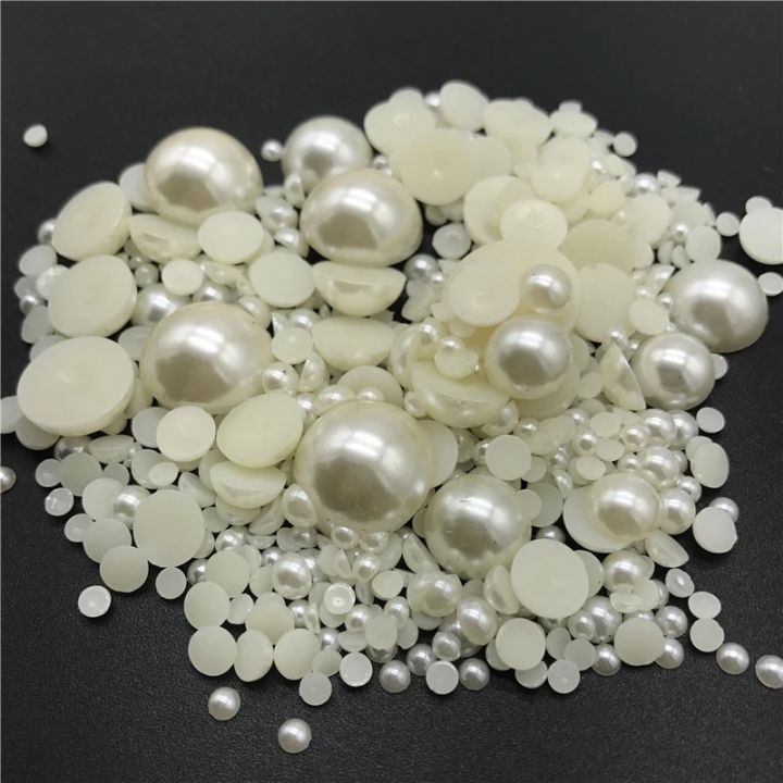 100Pcs and 200Pcs Ivory Half Round Off White Pearls 4mm-10mm Flatback ABS Imitation Glue On Beads Appliques For Nails and Wedding Dresses Decorations DIY accessories an othr