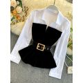 Gadinus Women Two Tone Peplum Belted Shirt Blouse Contrast Panel Long Sleeve Elegant Button Top.