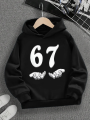 Spring And Autumn Single Casual Fashion Christmas #67 Boys Black Hoodie, Six Seven, Hand Support 67 Cartoon Print Pattern. 