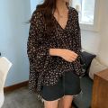 2025 Spring V-neck Chiffon Shirt Women Sweet Tops Blouse New Korean Floral Print Long Sleeve Casual Loose Slim Lady Clothes 9307. 