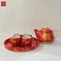 Chinese tea set Tea Tea Cup auspicious wedding tea ceremony Tea Set 4 tea water glass with teapot and Gold red tile tray. 