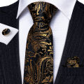 Barry.Wang Gold Black Jacquard Mens Tie Hanky Cufflink Brooch Set Floral Paisley Necktie Pin For Male Wedding Business Gift. 