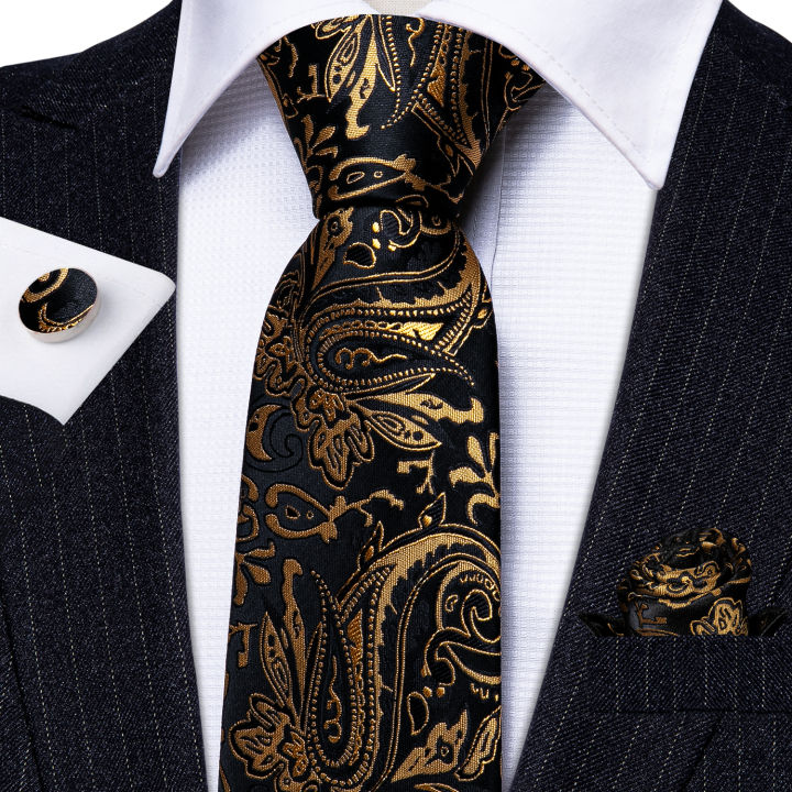 Barry.Wang%20Gold%20Black%20Jacquard%20Mens%20Tie%20Hanky%20Cufflink%20Brooch%20Set%20Floral%20Paisley%20Necktie%20Pin%20For%20Male%20Wedding%20Business%20Gift%20-%20Image%204