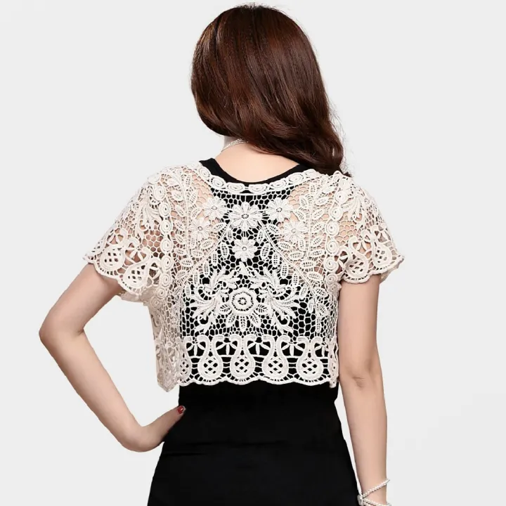 Women%20Short%20Sleeve%20Crochet%20Shrugs%20Hollow%20Out%20Flower%20Lace%20Open%20Front%20Cropped%20Cardigan%20Sunscreen%20Jacket%20Sport%20Running%20Vest%20-%20Image%203