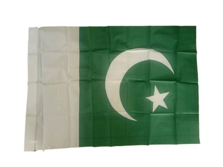 PAKISTAN FLAG SMALL AND UNSTITCHED.  2 FT 7 INCH LENGTH AND 1 FT 10 INCH WIDTH.  55*84 CM. 2/3 SIZE. ONE PIECE IN  THE PACKAGE.