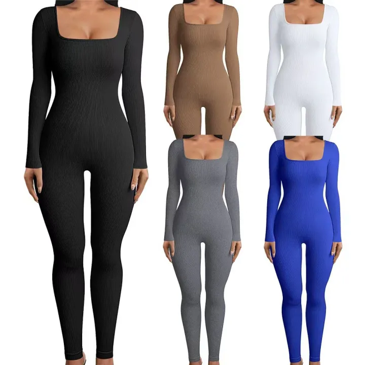 Solid%20Color%20Ribbed%20Yoga%20Jumpsuit,%20Seamless%20Slim%20Fit%20Long%20Sleeve%20Sports%20Bodysuit,%20Women's%20Activewear%20-%20Image%203