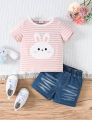 Baby Girl 2-Piece Outfit | Pink Stripe Bunny T-Shirt + Denim Shorts | Summer Cute Kids Clothing Set. 