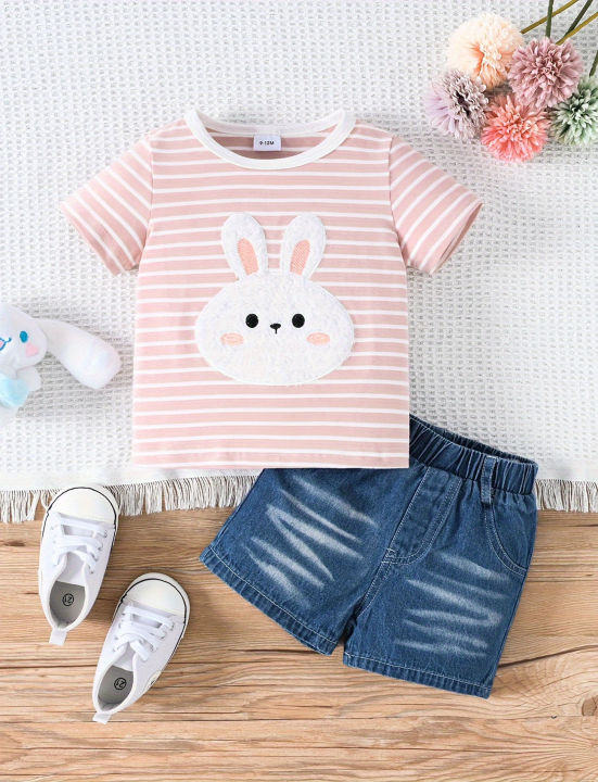 Baby Girl 2-Piece Outfit | Pink Stripe Bunny T-Shirt + Denim Shorts | Summer Cute Kids Clothing Set