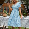High Quality Luxury Design Dress 2024 Elegant Waist Cinching V-neck Printed Elastic Waist Maxi  Dress Women Clothing Vestido. 