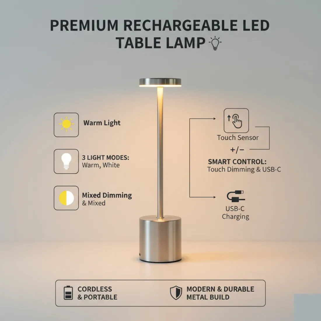 Rechargeable Metal Table Lamp with Touch