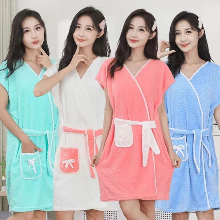 Women's bathrobe, coral fleece soft absorbent bathrobe, strap wearable bathrobe, breathable adult bath towel
