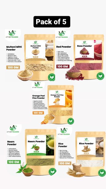 pack of 5 each 100 gram rice powder  , Neem powder  , orange peel powder  , multani mitti powder , rose powder