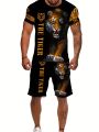 Summer men's casual round neck breathable T-shirt shorts set cool tiger pattern summer outdoor plus size two-piece set. 