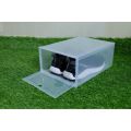 Clear shoe box, open storage box, front lid with 2 sizes. 
