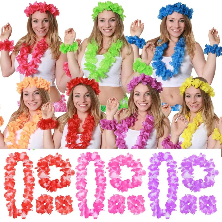 4pcs/set Hawaiian Flower Lei Hula Necklace Garland Headband Wristbands Wedding Decorations Beach Tropical Party Supplies