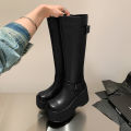 2024 Women's Shoes Basic Women's Boots Classics Knee-High Boots Women Belt Buckle Side Zip Round Toe Wedge Platform Shoes Ladies. 