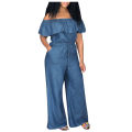 Plus Size 5xl Elegant Office Jumpsuits Women Long Denim Rompers 2024 Summer Casual Solid Color Ruffle Off Shoulder Overalls. 