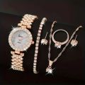 6pcs Ladies Fashion Casual Star Number Full Diamond British Watch White Crystal Love Earrings Necklace Ring Bracelet Gift Set. 