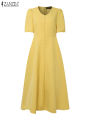 2025 ZANZEA Elegant Women Midi Dresses Office Sundress Casual Short Sleeve Butttons Up Vestidos Robe Stylish A Line Party Dress. 