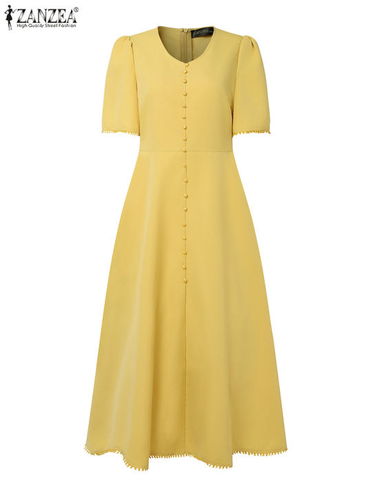 2025%20ZANZEA%20Elegant%20Women%20Midi%20Dresses%20Office%20Sundress%20Casual%20Short%20Sleeve%20Butttons%20Up%20Vestidos%20Robe%20Stylish%20A%20Line%20Party%20Dress%20-%20Image%204