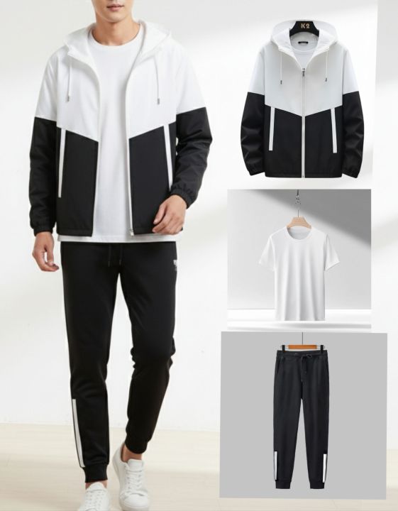 Regular Fit Summer Jacket, Tshirt And Jogger Set For Men