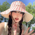 Double-sided Plaid Wide-edged Lace-up Bucket Hat Summer Outdoor Versatile Sunscreen Sweet Contrasting Color Plaid Women's Caps. 