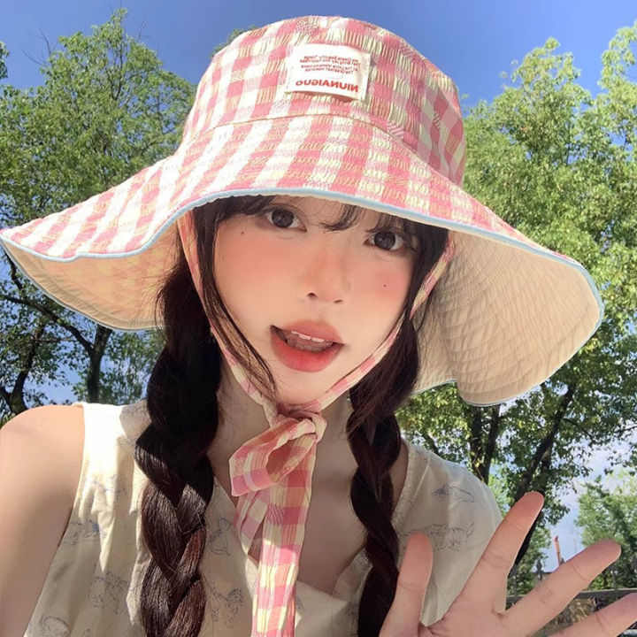 Double-sided%20Plaid%20Wide-edged%20Lace-up%20Bucket%20Hat%20Summer%20Outdoor%20Versatile%20Sunscreen%20Sweet%20Contrasting%20Color%20Plaid%20Women's%20Caps%20-%20Image%203