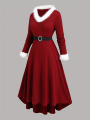 Plus Size Women's New Autumn and Winter Fashion Jacquard Furry Edge Long Sleeve V-Neck with Waist Belt Dress.