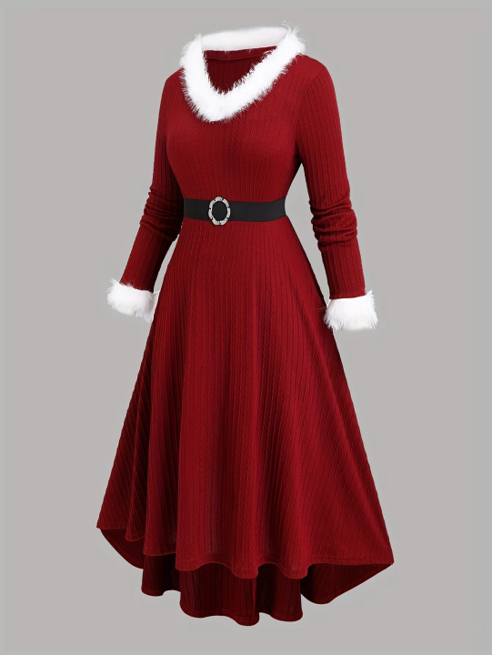 Plus Size Women's New Autumn and Winter Fashion Jacquard Furry Edge Long Sleeve V-Neck with Waist Belt Dress