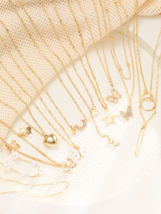 11%20Pcs%20Women's%20Zircon%20Necklace%20Set%20Gold%20Color%20Fashion%20Love%20Heart%20Butterfly%20Pendant%20Hypoallergenic%20Neck%20Chain%20Boho%20Jewelry%20%20-%20Image%203