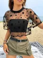Summer Outfits Star Print Drop Shoulder Crop Mesh Top Without Camisole. 