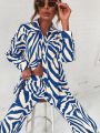 2022 Cross border Hot Edition Street Trendy Print Trouser Set Long Sleeve Full Screen Print Off Shoulder Shirt Set. 