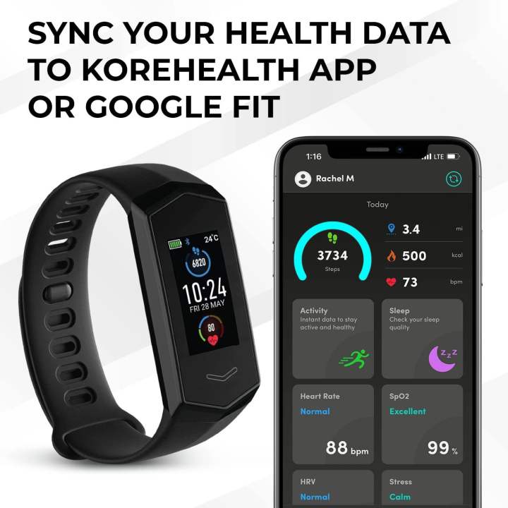 Kore 2.0 Elite Fitness Tracker - Bluetooth 5.0 Step Tracker Watch for Women and Men | Sleep, Calorie, and Heart Rate Monitor Watch | Smart Health Tracker for iPhone and Android IP67 Water- Resistant