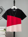1pc Summer Unisex Kids Color Block Tee 1-6Y | Black-Red-Pink Block, Crew Neck, Loose Fit | Lightweight Breathable Cotton Blend. 