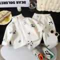 Children's autumn and winter flange pajamas suits Korean version boys plus velvet thick home service girl warm underwear suit. 
