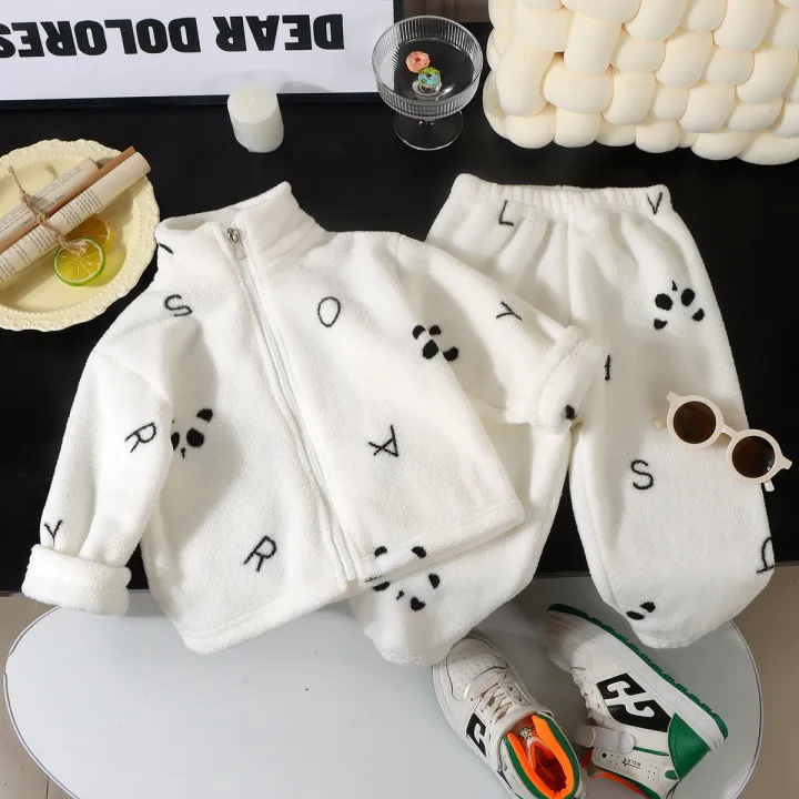 Children's%20autumn%20and%20winter%20flange%20pajamas%20suits%20Korean%20version%20boys%20plus%20velvet%20thick%20home%20service%20girl%20warm%20underwear%20suit%20-%20Image%205