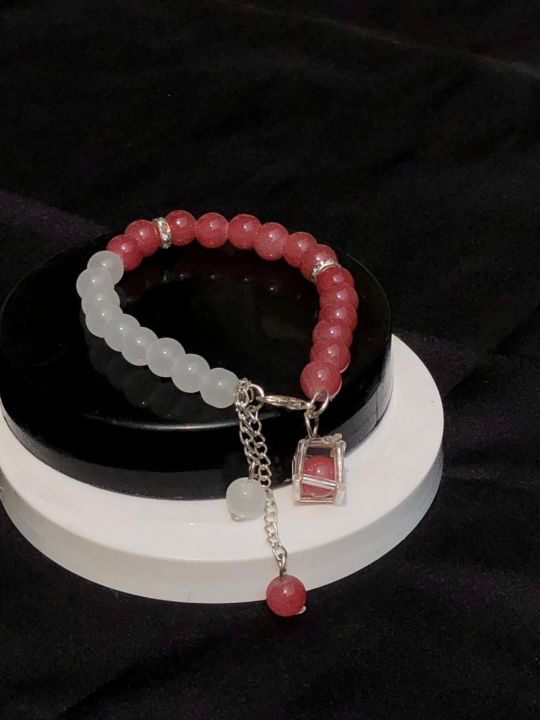 Elegant Dual Tone Beaded Bracelet with Silver Charm – White & Rose Pink ...