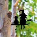Garden Stake Iron Silhouette Cute Witch and Cat Tree Stump Plug-in Yard Art for Lawn Courtyard Decor.