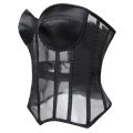 Women Sheer Mesh Overbust Corset Top Satin Padded Cup Strapless Back Lace Up Nightclub Party Bustier.