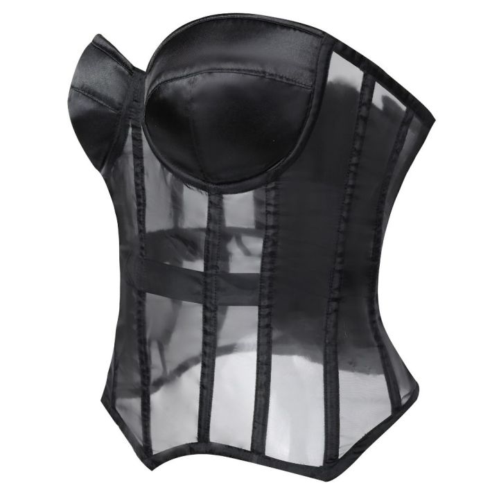 Women%20Sheer%20Mesh%20Overbust%20Corset%20Top%20Satin%20Padded%20Cup%20Strapless%20Back%20Lace%20Up%20Nightclub%20Party%20Bustier%20-%20Image%204